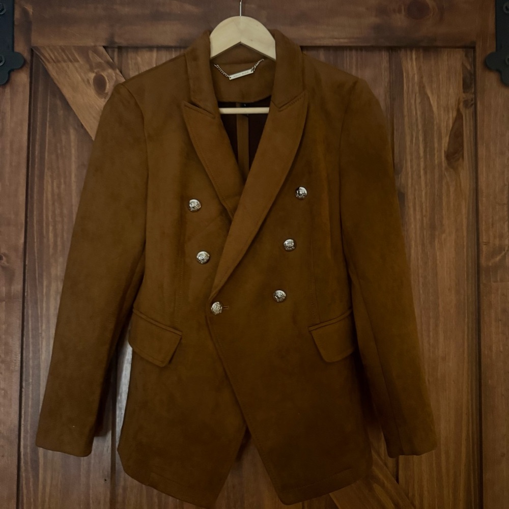 White House Black Market Brown Suede Double-Breasted Blazer w/ Silver Buttons 4